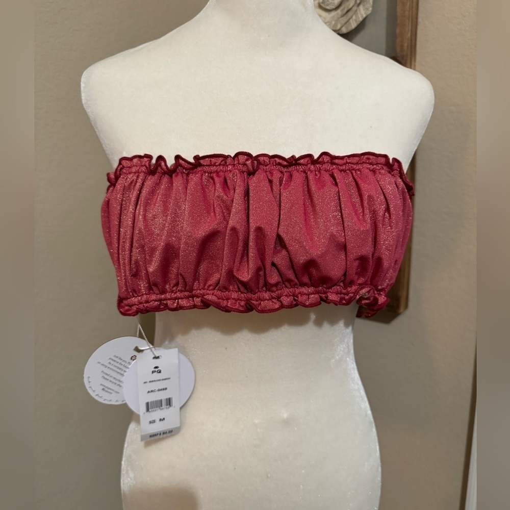 PQ SWIM REMI RUCHED BANDEAU Tie Top Glimmer Red Size Medium Stunning LUX NWT - Picture 8 of 14